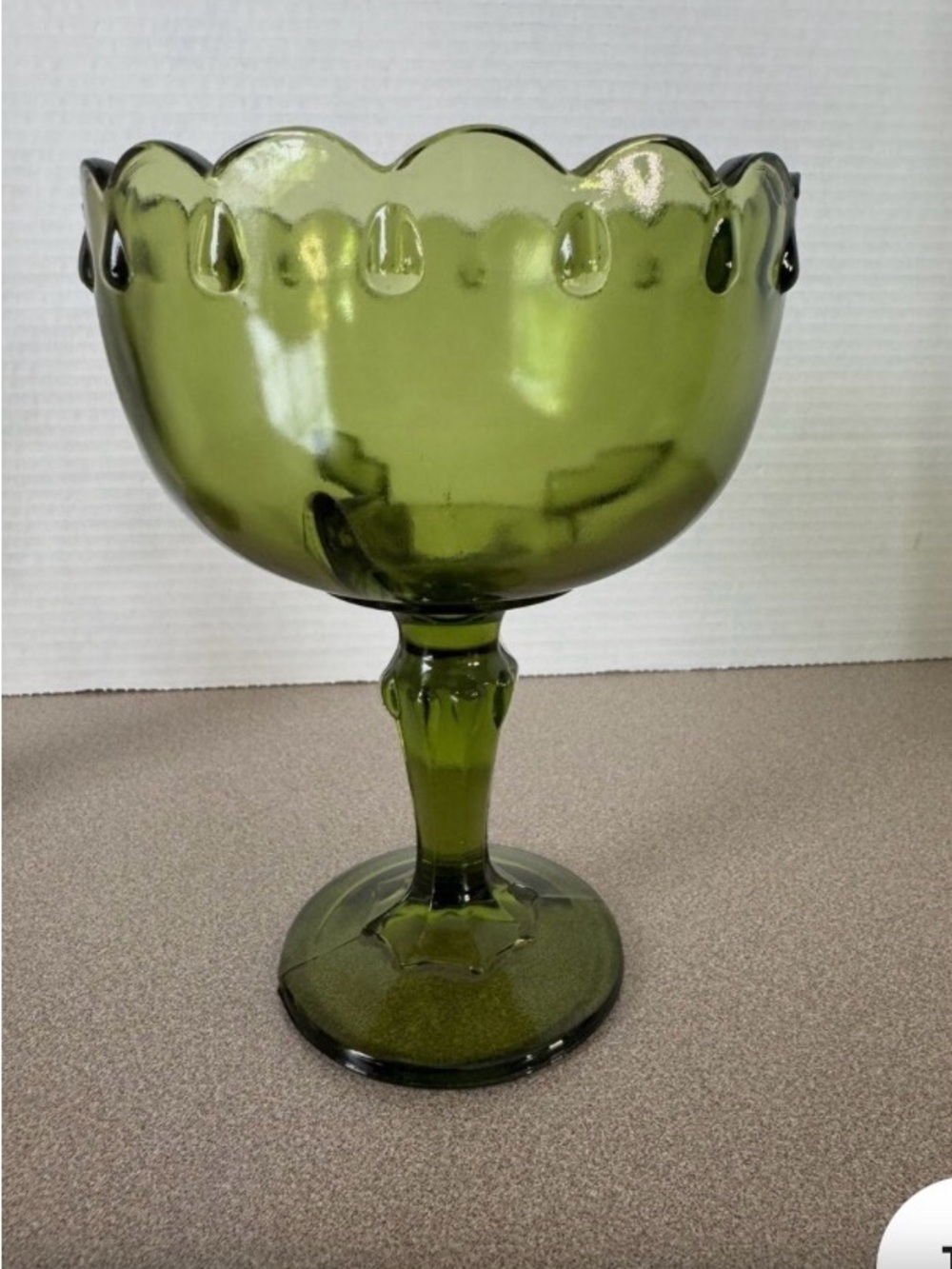 Green Glass Compote Vase - Scalloped Edge